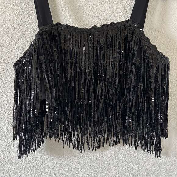 On Twelfth Sequined Fringe Cropped Tank Women’s Small Black Festival Party - Picture 2 of 9